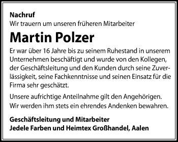 Traueranzeige von Martin Polzer von Schwäbische Post