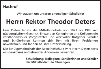 Traueranzeige von Theodor Deters von Schwäbische Post