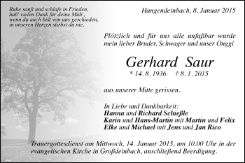 Traueranzeige von Gerhard Saur von Gmünder Tagespost
