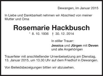 Traueranzeige von Rosemarie Hackbusch  von Schwäbische Post