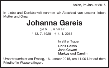 Traueranzeige von Johanna Gareis von Schwäbische Post