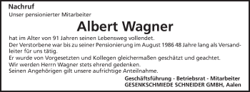 Traueranzeige von Albert Wagner von Schwäbische Post