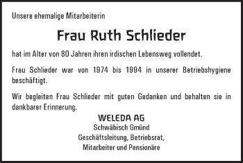 Traueranzeige von Ruth Schlieder von Gmünder Tagespost