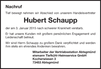Traueranzeige von Hubert Schaupp von Schwäbische Post