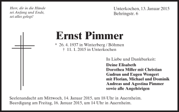 Traueranzeige von Ernst Pimmer von Schwäbische Post