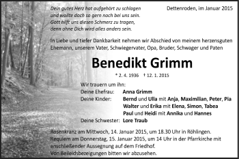 Traueranzeige von Benedikt Grimm von Schwäbische Post