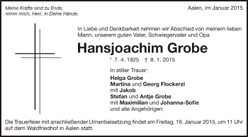 Traueranzeige von Hansjoachim Grobe von Schwäbische Post
