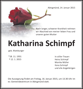 Traueranzeige von Katharina Schimpf von Schwäbische Post