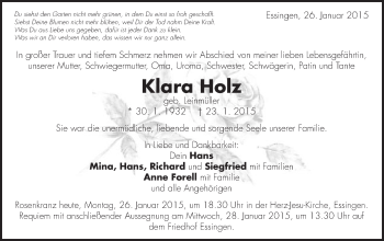 Traueranzeige von Klara Holz von Schwäbische Post
