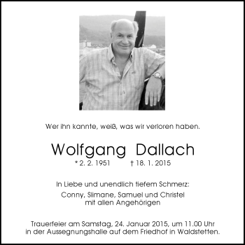 Traueranzeige von Wolfgang Dallach von Gmünder Tagespost