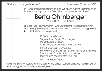 Traueranzeige von Berta Ohrnberger von Schwäbische Post