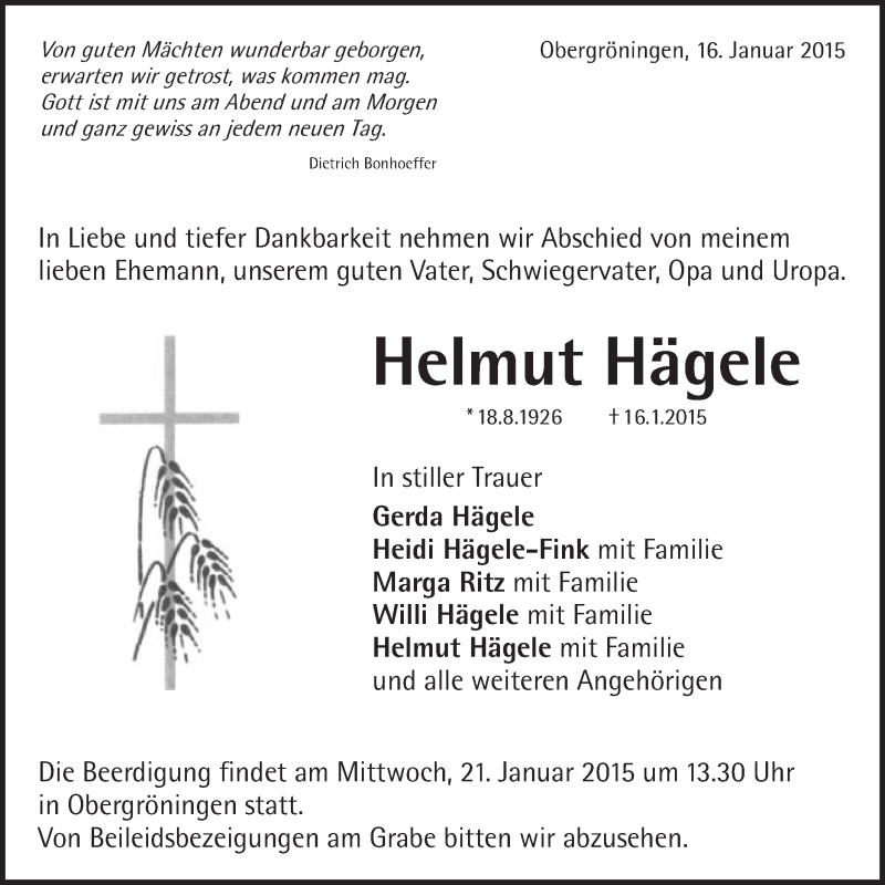  Traueranzeige für Helmut Hägele vom 19.01.2015 aus Gmünder Tagespost