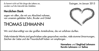 Traueranzeige von Thomas Lehmann von Schwäbische Post