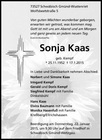 Traueranzeige von Sonja Kaas von Gmünder Tagespost