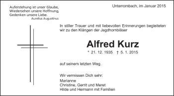 Traueranzeige von Alfred Kurz von Schwäbische Post