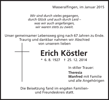 Traueranzeige von Erich Köstler von Schwäbische Post
