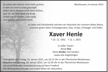 Traueranzeige von Xaver Henle von Schwäbische Post