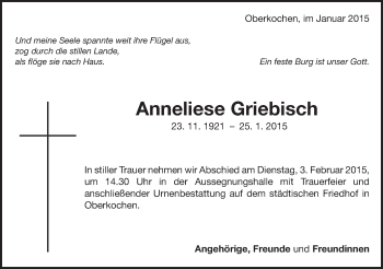 Traueranzeige von Anneliese Griebisch von Schwäbische Post