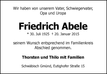 Traueranzeige von Friedrich Abele von Gmünder Tagespost