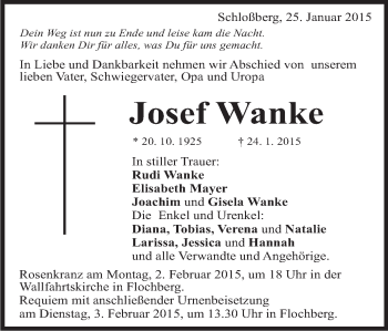 Traueranzeige von Josef Wanke von Schwäbische Post