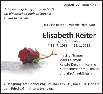 Traueranzeige von Elisabeth Reiter von Gmünder Tagespost