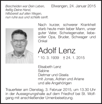 Traueranzeige von Adolf Lenz von Schwäbische Post