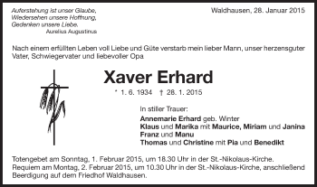 Traueranzeige von Xaver Erhard von Schwäbische Post