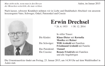Traueranzeige von Erwin Drechsel von Schwäbische Post