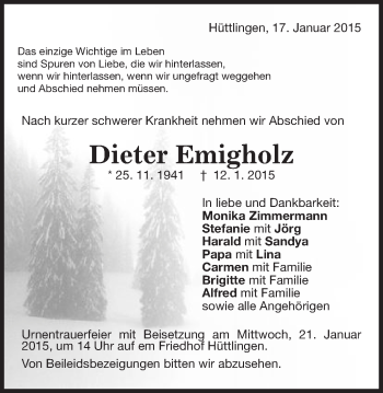 Traueranzeige von Dieter Emigholz von Schwäbische Post