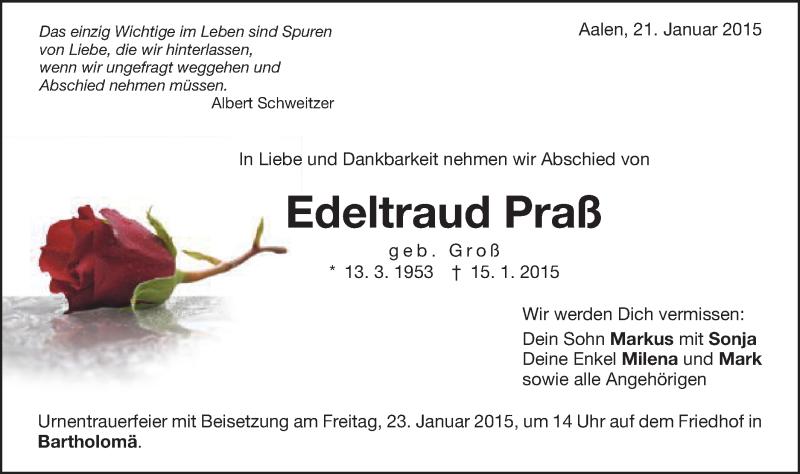  Traueranzeige für Edeltraud Praß vom 21.01.2015 aus Schwäbische Post