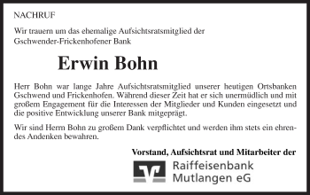 Traueranzeige von Erwin Bohn von Gmünder Tagespost