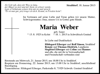 Traueranzeige von Maria Weber von Gmünder Tagespost