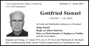 Traueranzeige von Gottfried Stenzel von Gmünder Tagespost