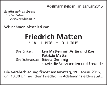 Traueranzeige von Friedrich Matten von Schwäbische Post