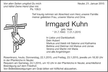 Traueranzeige von Irmgard Kuhn von Schwäbische Post