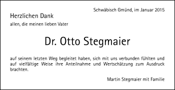 Traueranzeige von Otto Stegmaier von Gmünder Tagespost
