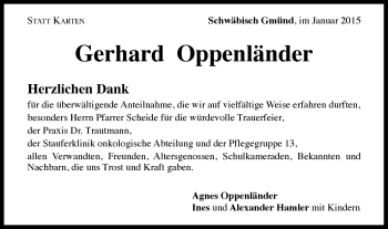 Traueranzeige von Gerhard Oppenländer von Gmünder Tagespost