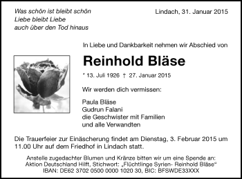 Traueranzeige von Reinhold Bläse von Gmünder Tagespost