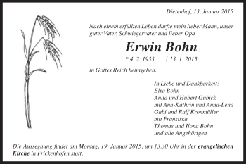 Traueranzeige von Erwin Bohn von Gmünder Tagespost