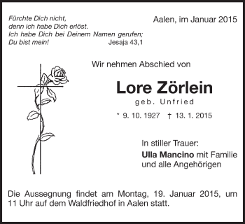 Traueranzeige von Lore Zörlein von Schwäbische Post