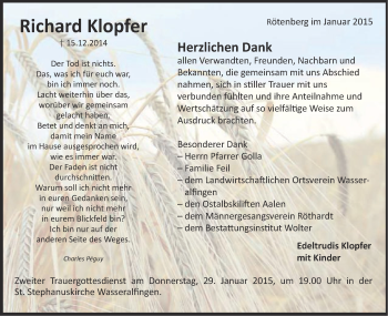 Traueranzeige von Richard Klopfer von Schwäbische Post