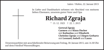 Traueranzeige von Richard Zgraja von Schwäbische Post