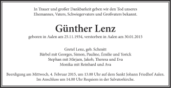 Traueranzeige von Günther Lenz von Schwäbische Post