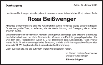Traueranzeige von Rosa Beißwenger von Schwäbische Post