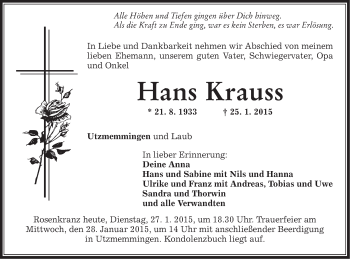 Traueranzeige von Hans Krauss von Schwäbische Post