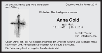 Traueranzeige von Anna Gold von Schwäbische Post