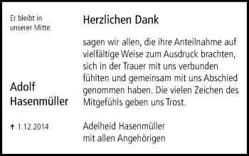Traueranzeige von Adolf Hasenmüller von Schwäbische Post