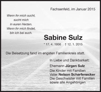 Traueranzeige von Sabine Sulz von Schwäbische Post