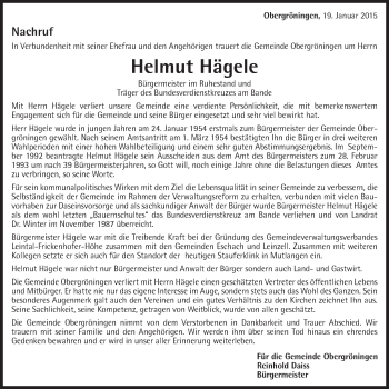 Traueranzeige von Helmut Hägele von Gmünder Tagespost