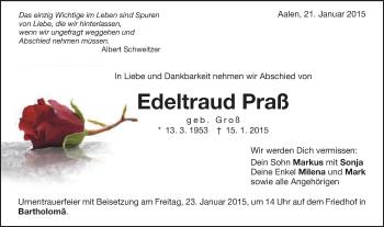 Traueranzeige von Edeltraud Praß von Schwäbische Post